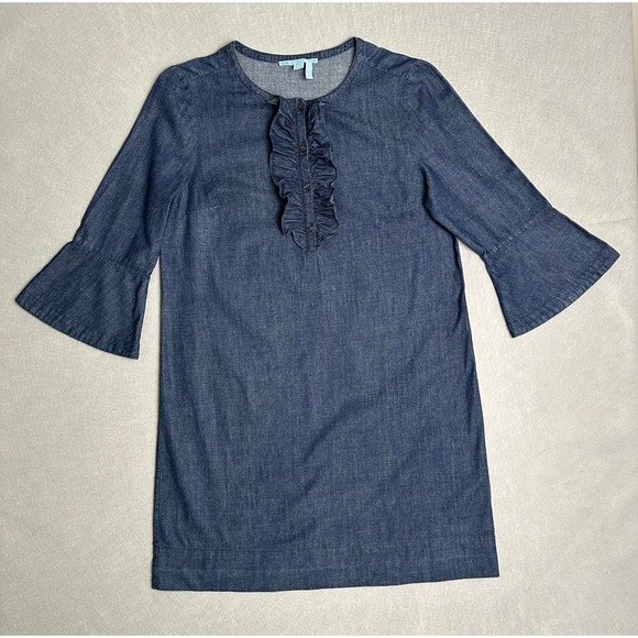Draper James Dresses & Skirts - Draper James Blue Denim Ruffle Front Bell Sleeve Shift Dress Size 14 Cotton